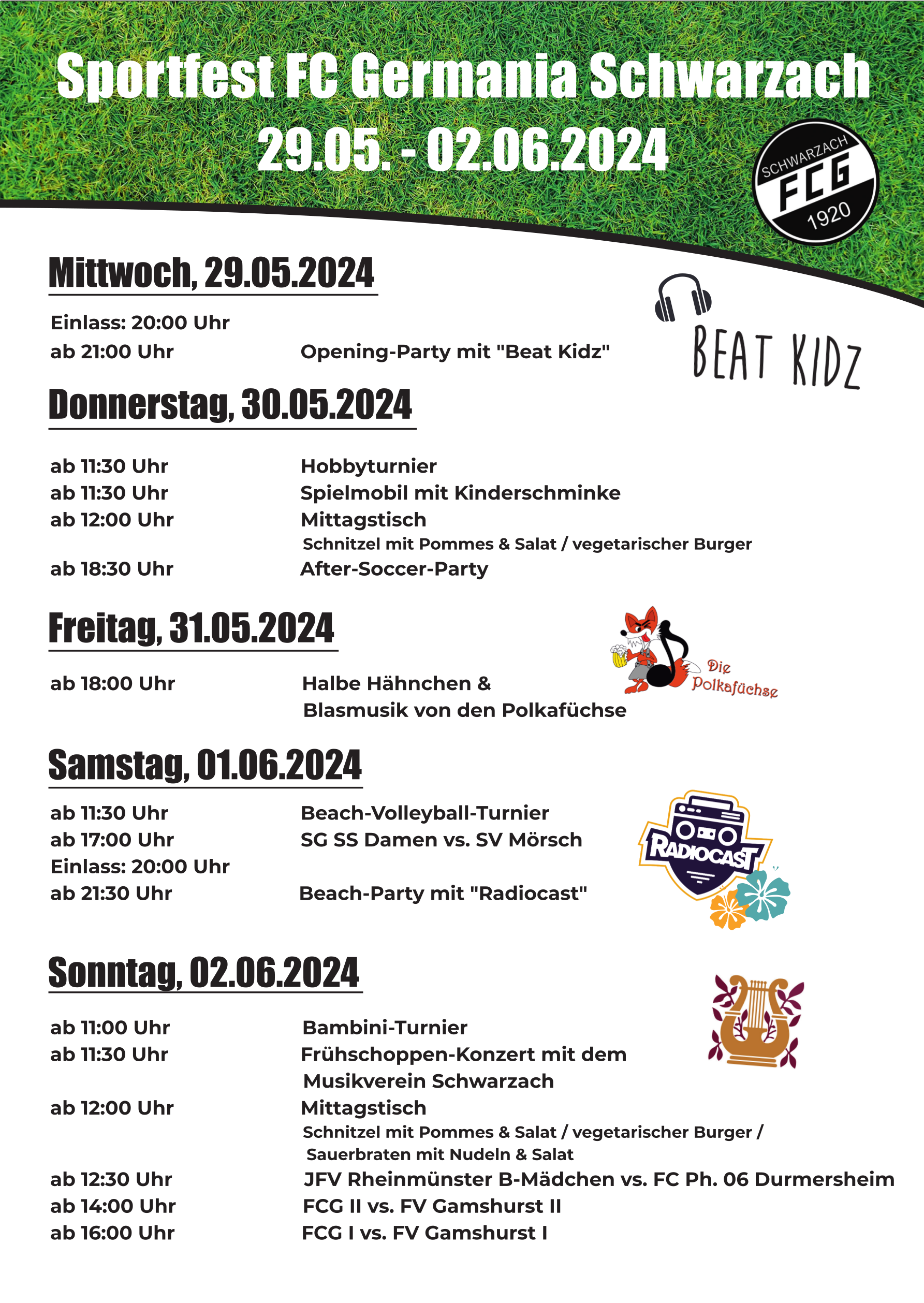 Infoplakat Sportfest FC Germania Schwarzach 29.5. - 2.6.2024